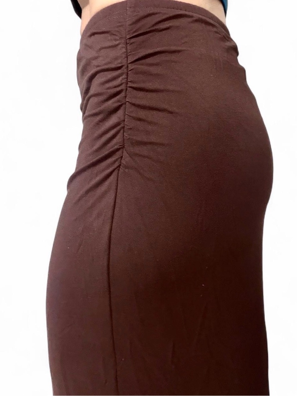 Womens Brown Long Ruched Skirt Size S Small Lined Fitted Stretch Pull On Viscos